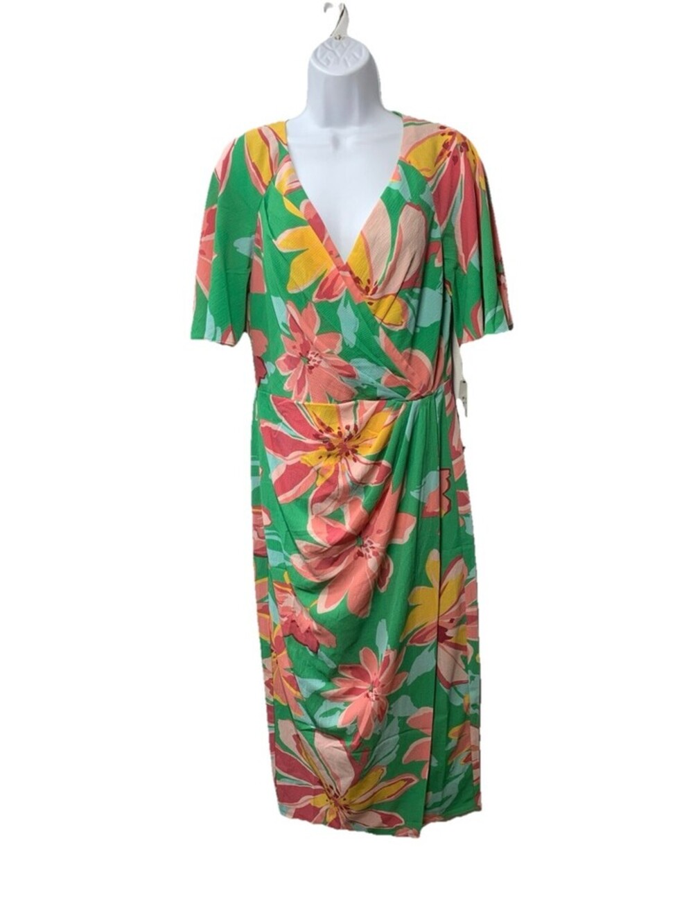 Maggy London Women's Floral Midi Summer Dress V-neck w/Faux-wrap Bodice Size 8